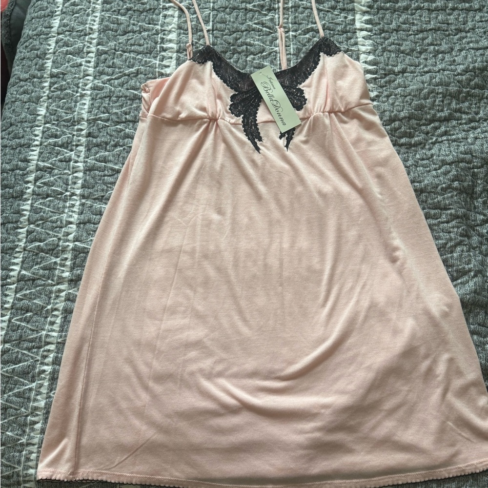 Elegant Pink and Black Chemise with Lace Details